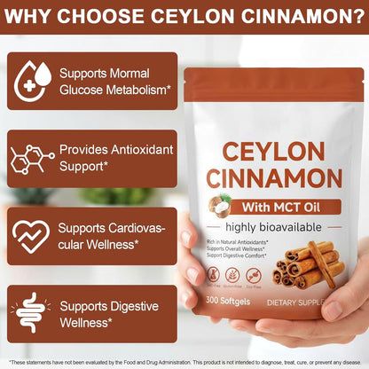 Ceylon Cinnamon Softgels with MCT Oil, 300 Softgels Cinnamomum Verum Bark Extract Capsules True Ceylon Cinnamon Supplement, Supports Digestive & Overall Wellness Gluten-Free