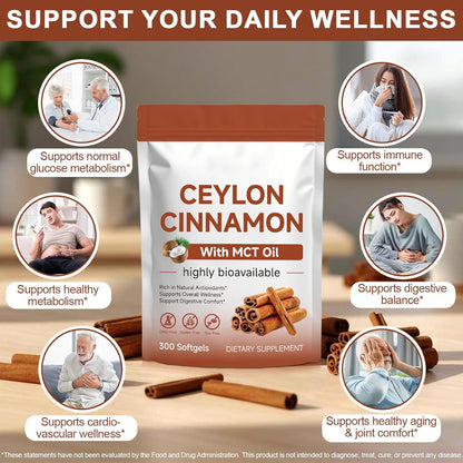 Ceylon Cinnamon Softgels with MCT Oil, 300 Softgels Cinnamomum Verum Bark Extract Capsules True Ceylon Cinnamon Supplement, Supports Digestive & Overall Wellness Gluten-Free