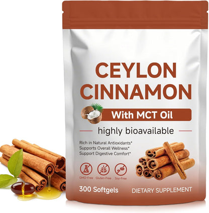 Ceylon Cinnamon Softgels with MCT Oil, 300 Softgels Cinnamomum Verum Bark Extract Capsules True Ceylon Cinnamon Supplement, Supports Digestive & Overall Wellness Gluten-Free