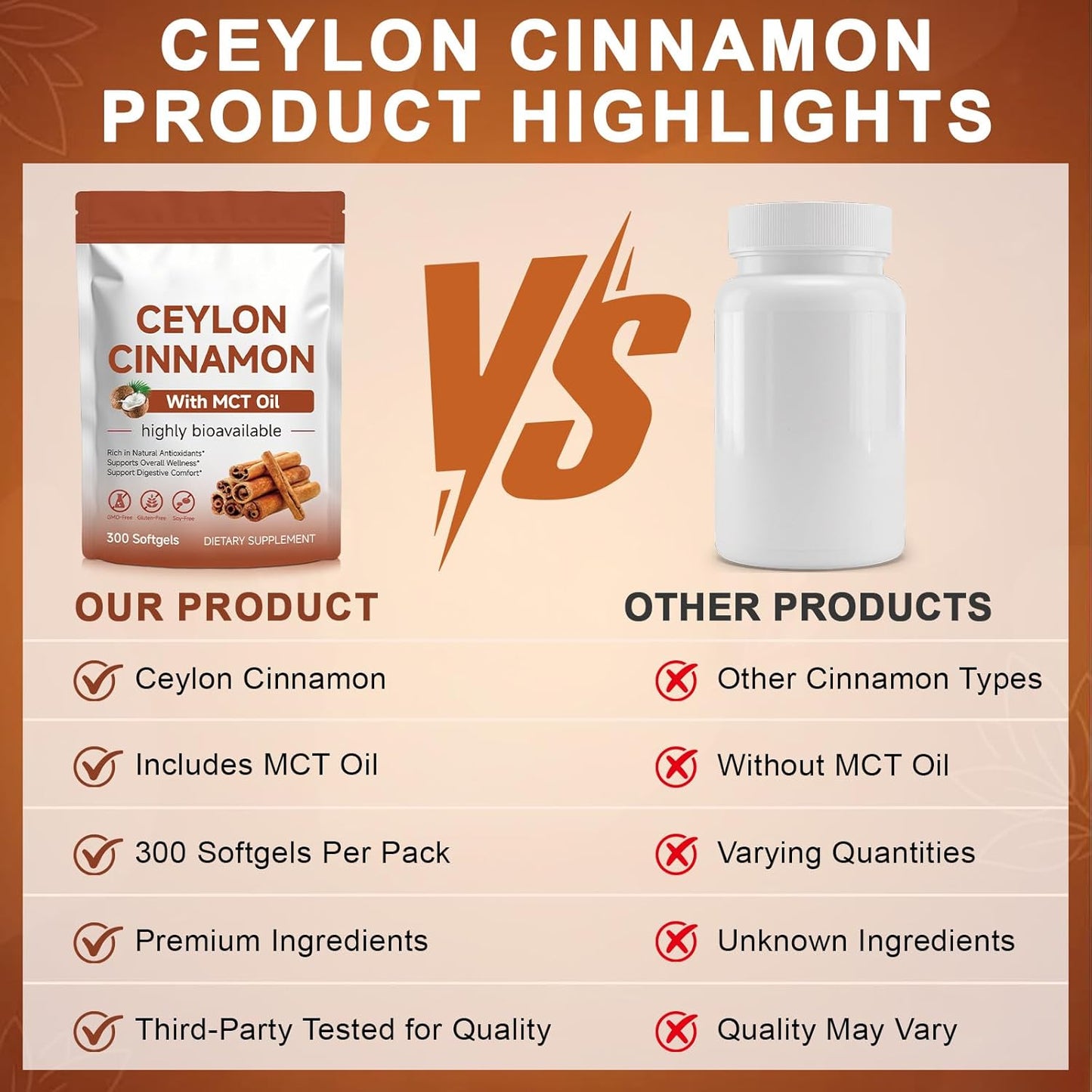 Ceylon Cinnamon Softgels with MCT Oil, 300 Softgels Cinnamomum Verum Bark Extract Capsules True Ceylon Cinnamon Supplement, Supports Digestive & Overall Wellness Gluten-Free